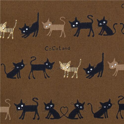 Tissu lamin marron avec d'adorables chats beiges et rays import du Japon Tissu