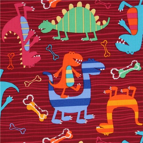 Tissu rouge bordeaux Dino Dudes avec des dinosaures Tissu