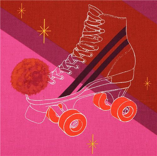 canvas fabric retro roller skates stripes red Kokka Japan Fabric