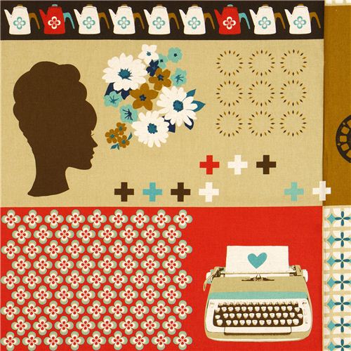 Canvas Retro Stoff Schreibmaschine & Blumen von Kokka 1