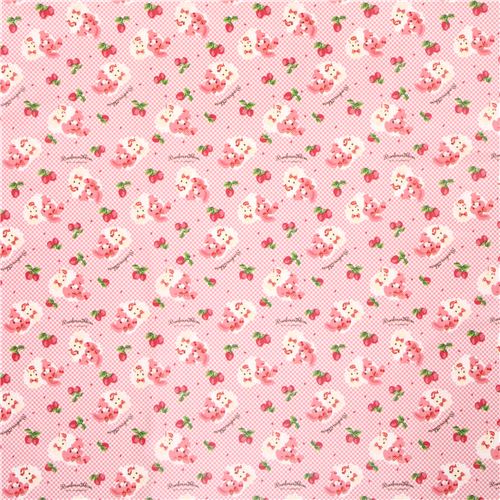 Tissu Oxford � carreaux rose clair et blancs avec des lapins, des fraises 2