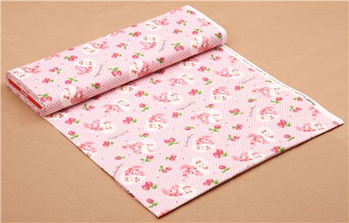 Tissu Oxford � carreaux rose clair et blancs avec des lapins, des fraises 3