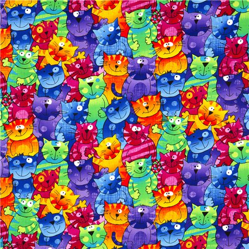 Stoffrest 21 cm - farbiger Designer Stoff mit lustigen bunten Katzen 2
