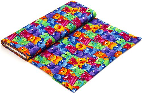 Stoffrest 21 cm - farbiger Designer Stoff mit lustigen bunten Katzen 3