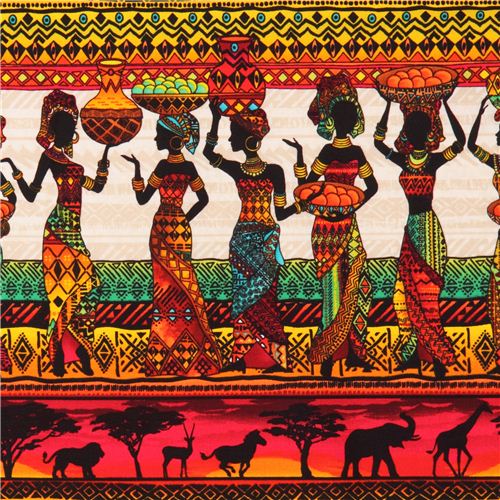 bunter Afrika Frauen und Tiere Streifen Stoff Timeless Treasures Stoff