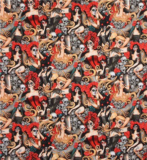 Remnant (28 x 112 cm) - colorful Alexander Henry fabric woman skull flower Halloween Las Elegantes 2
