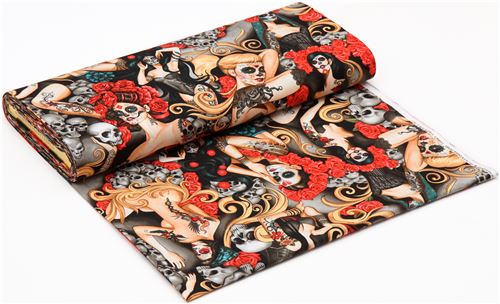Remnant (28 x 112 cm) - colorful Alexander Henry fabric woman skull flower Halloween Las Elegantes 4