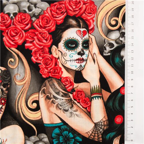 Remnant (28 x 112 cm) - colorful Alexander Henry fabric woman skull flower Halloween Las Elegantes 3