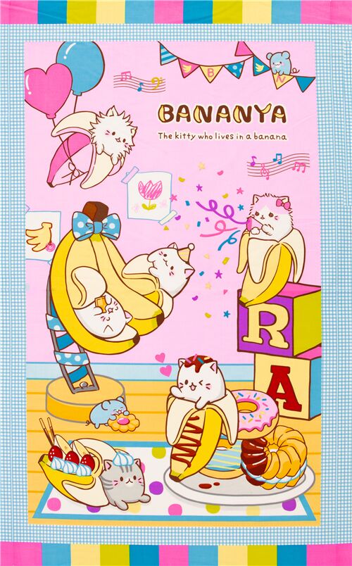 Tissu Bananya  panneaux multicolore avec des chats qui font la fte Tissu