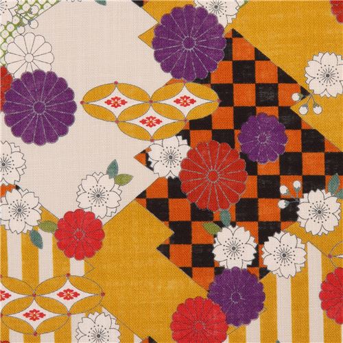 Toile Kokka japonaise multicolore avec des fleurs et des formes Tissu