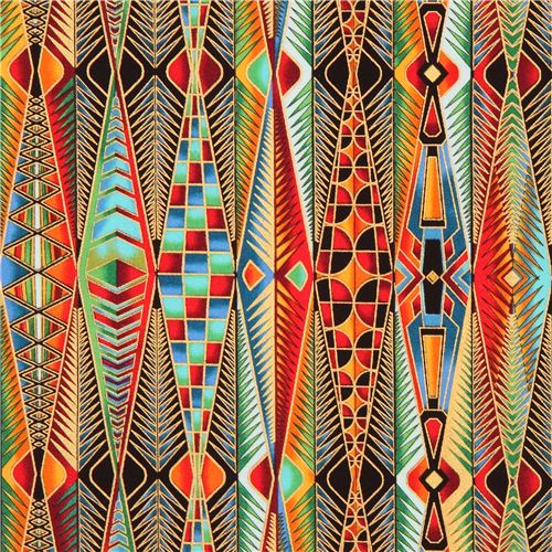 Tela multicolor geomtrica tringulo crculo dorado metlico de Robert Kaufman Tela