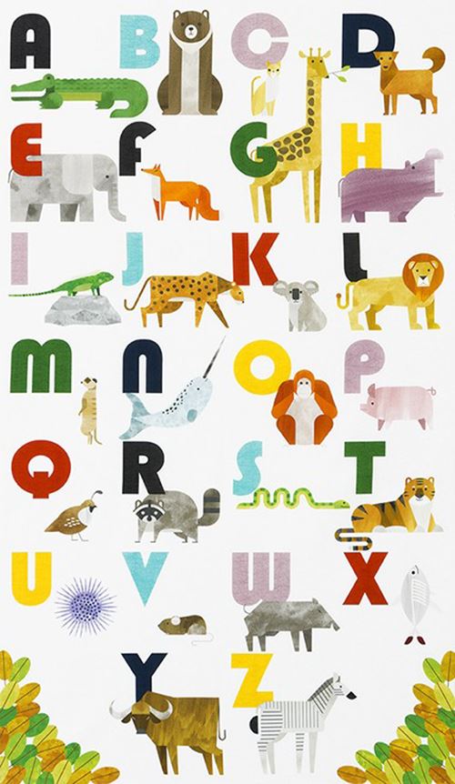 colorful animal and alphabet panel fabric by Robert Kaufman in white Fabric