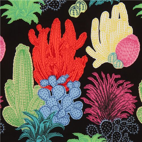 Colorful Illustrated Cactus in Black Fabric