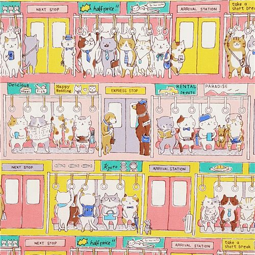 Resto de (45 x 110 cm) - Tela oxford con gatos en tren metro dibujos animados de colores de Kokka