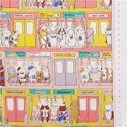 Resto de (45 x 110 cm) - Tela oxford con gatos en tren metro dibujos animados de colores de Kokka 2