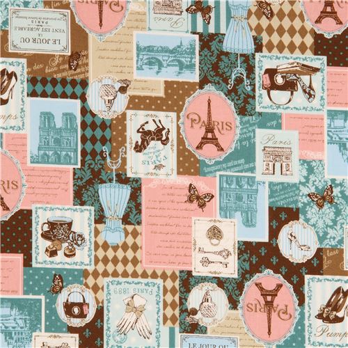 Tissu multicolore avec des motifs, des objets, la Tour Eiffel, import du Japon Tissu