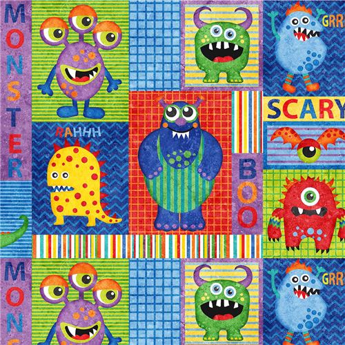 Tissu Northcott multicolore, monstres, carrés, rectangles, Stonehenge Monsters Tissu