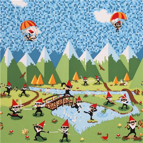 colorful ninja gnome mountain sky parachute fabric by Michael Miller Fabric