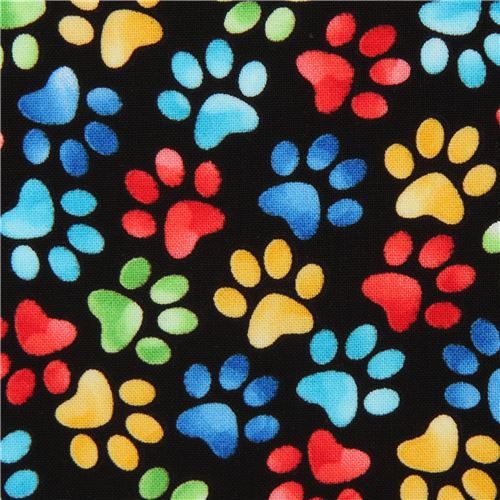 Rimanenza di (46 x 112 cm) - tessuto nero impronte di zampe colorate Timeless Treasures