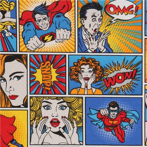 colorful retro superhero comic panel rib weave fabric Fabric