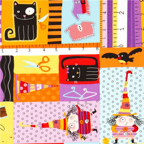 colourful Halloween fabric witch cat pumpkin Robert Kaufman 1