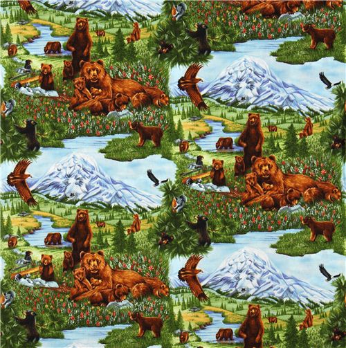 colourful bear family fabric mountains Robert Kaufman 2