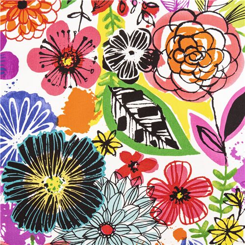 bunte Blumen tintenschwarze skizzenhafte Blten US-Stoff Alexander Henry Stoff