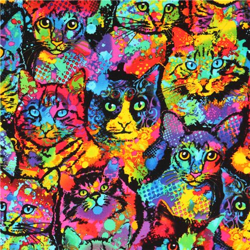 Tissu avec des motifs de chats multicolores peints, par Timeless Treasures USA - coupon (112cm x 18cm)