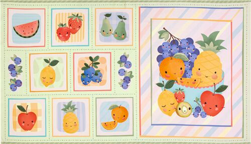 Tela algodón con panel de colores frutas sonrientes fresa piña Tela