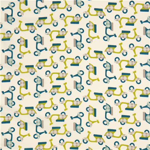 cream birch organic fabric with green mopeds 2
