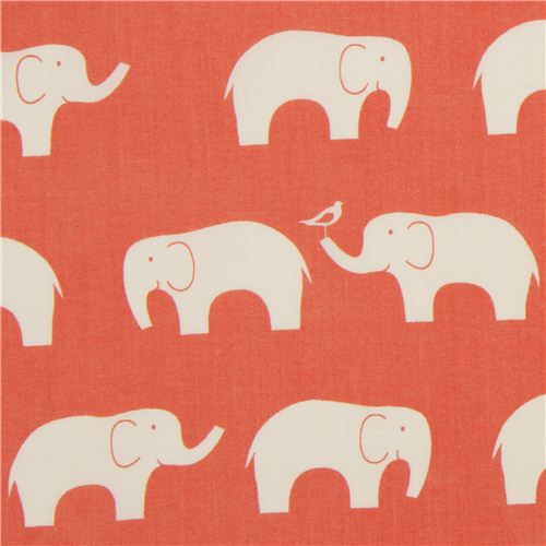 Tissu bio corail Birch avec des éléphants blancs Tissu