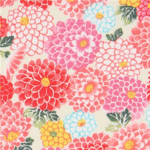 tessuto bianco panna crepe Futakoshi fiori rosso corallo Tessuto