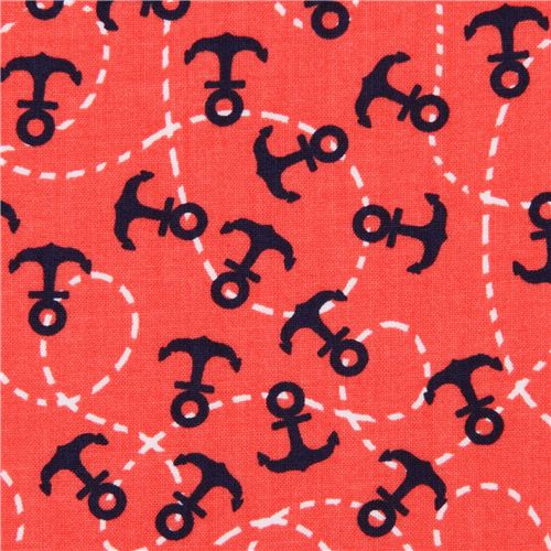 coral red maritime anchor fabric by Michael Miller  Fabric