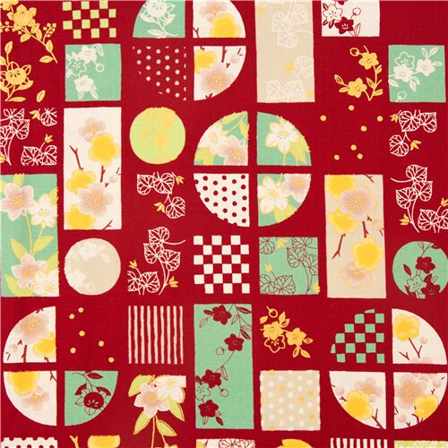 Tissu en coton rouge motifs floraux dans des carreaux de fentre or mtallique Tissu