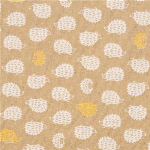 Tissu japonais en coton beige hérissons blancs et détails or métallique Tissu