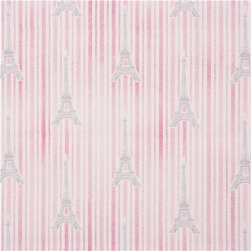 Tissu en coton rose à rayures sur Paris avec desTour Eiffel Tissu
