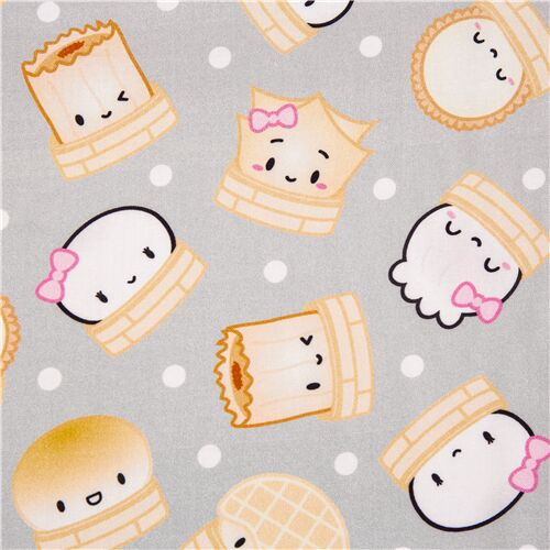 tessuto grigio cotone pois bianchi ravioli cinesi sorridenti Tessuto