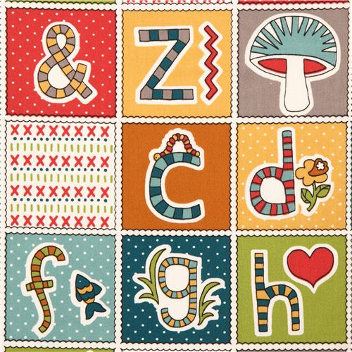 cream 'ABC Patch' alphabet square panel organic fabric birch USA  Fabric