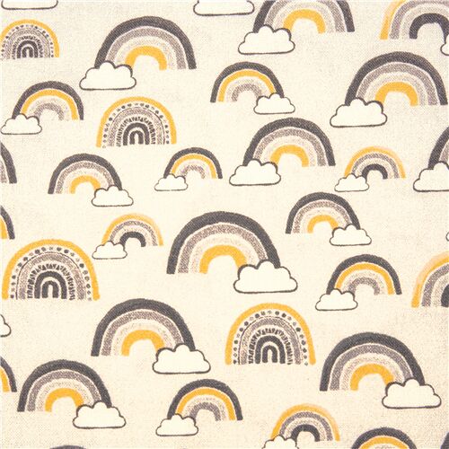 Tissu en coton crème avec d'adorables nuages et arcs-en-ciel jaunes Tissu