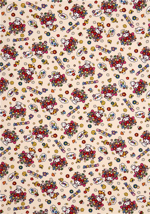 Tissu Oxford cr�me, lapin My Melody, fleurs, champignons, par Sanrio Japon  2