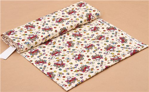 Tissu Oxford cr�me, lapin My Melody, fleurs, champignons, par Sanrio Japon  3