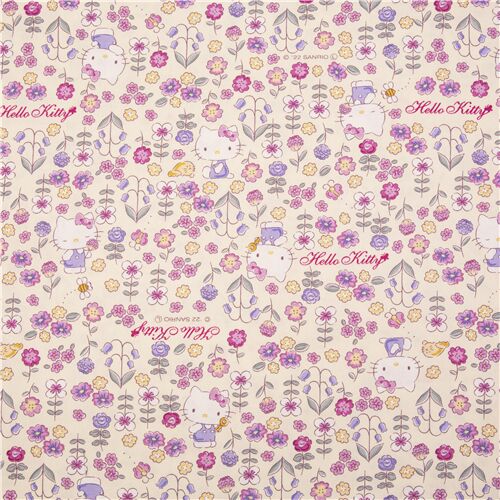 Resto de (48 x 109 cm) - Tela oxford de Hello Kitty Sanrio en jardín de flores color crema 2