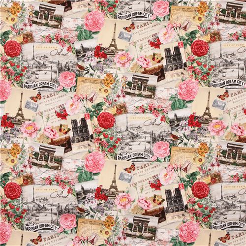 cream Spring in Paris postcard flower fabric Elizabeths Studio 3