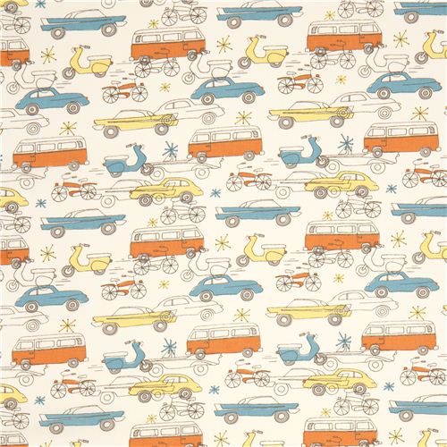cremefarbener birch Bio-Stoff mit Auto Bus Roller 2