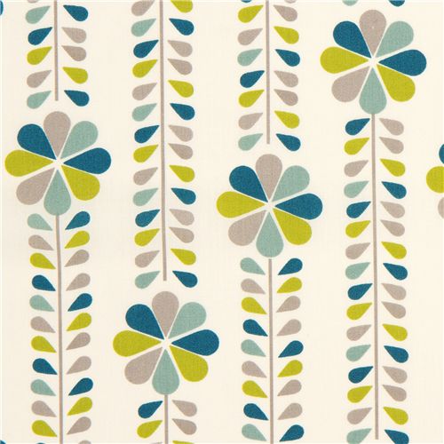 cream birch organic fabric with flower stems turquoise USA Fabric