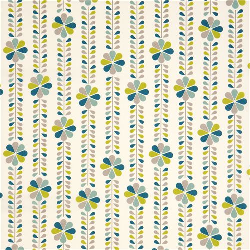 cream birch organic fabric with flower stems turquoise USA 2