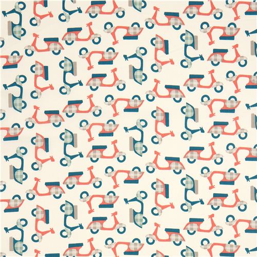 cream birch organic fabric with mopeds in coral and green 2