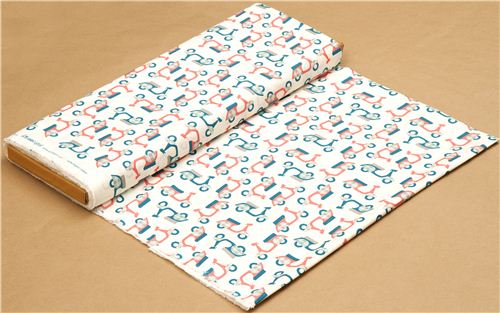 cream birch organic fabric with mopeds in coral and green 3