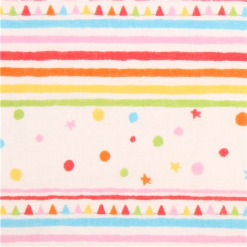 Tissu double gaze crme avec des rayures et formes multicolores par Kokka Tissu