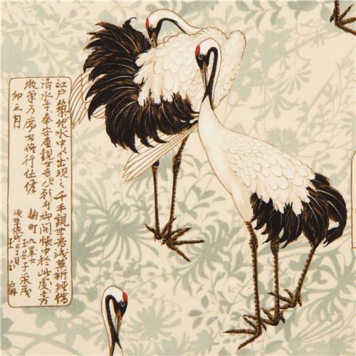 Tissu Timeless Treasures crème avec des grues et des fleurs Tissu